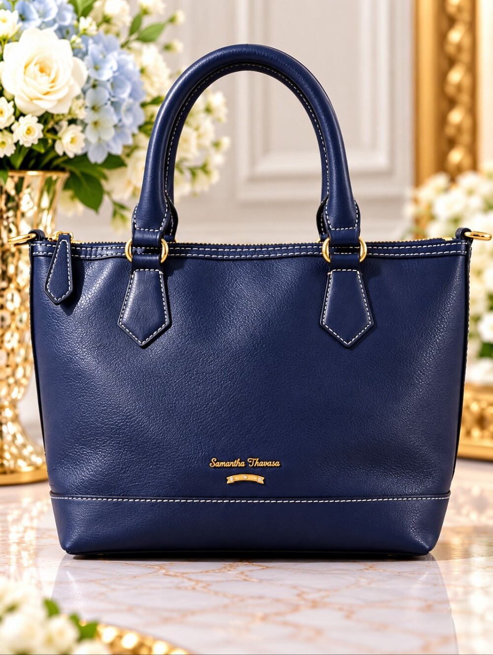 Samantha Thavasa Navy Blue Leather Tote Shoulder Bag Gold Hardware Designer Purs